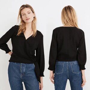 Madewell Black Tonal Gingham Check Smocked Sleeve Wrap Top